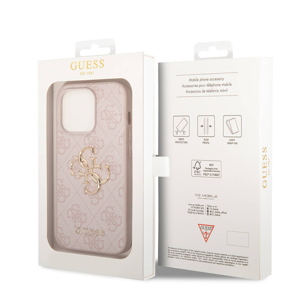 Apple iPhone 15 Pro Max Case Guess Original Licensed PU Leather Cover with Text and 4G Metal Logo Pattern Pink