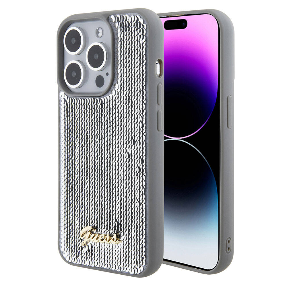Apple iPhone 15 Pro Max Case Guess Original Licensed Sequin Back Surface Metal Lettering Logo Sequin Script Cover Silver