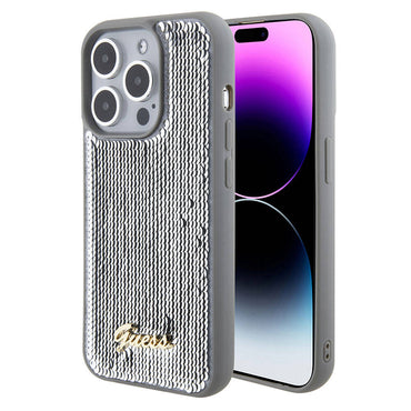 Apple iPhone 15 Pro Max Case Guess Original Licensed Sequin Back Surface Metal Lettering Logo Sequin Script Cover Silver