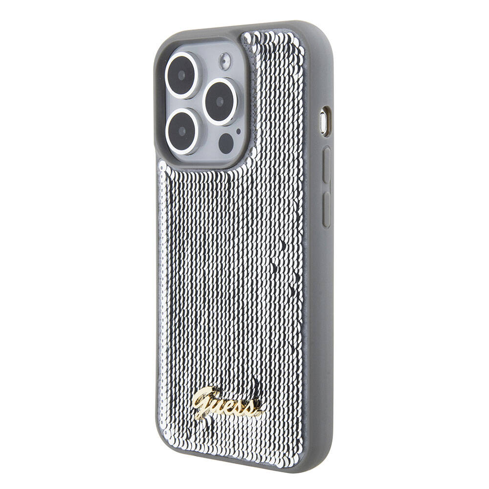 Apple iPhone 15 Pro Max Case Guess Original Licensed Sequin Back Surface Metal Lettering Logo Sequin Script Cover Silver