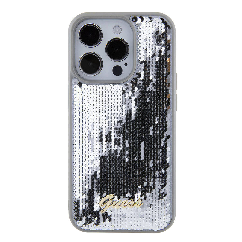 Apple iPhone 15 Pro Max Case Guess Original Licensed Sequin Back Surface Metal Lettering Logo Sequin Script Cover Silver