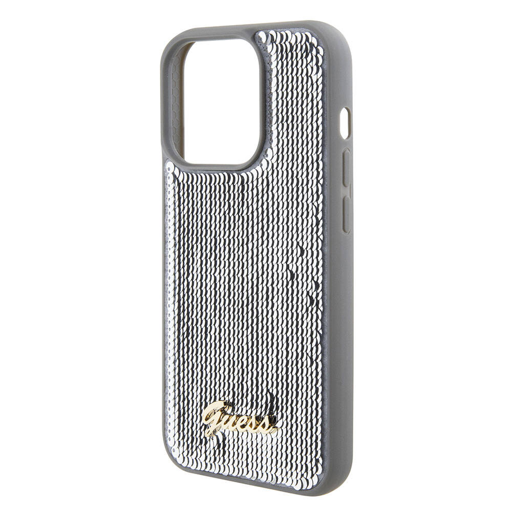 Apple iPhone 15 Pro Max Case Guess Original Licensed Sequin Back Surface Metal Lettering Logo Sequin Script Cover Silver