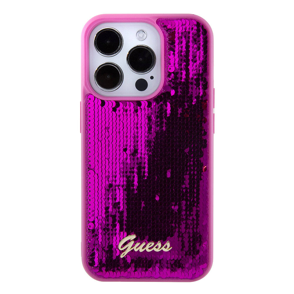 Apple iPhone 15 Pro Max Case Guess Original Licensed Sequin Back Surface Metal Lettering Logo Sequin Script Cover Black