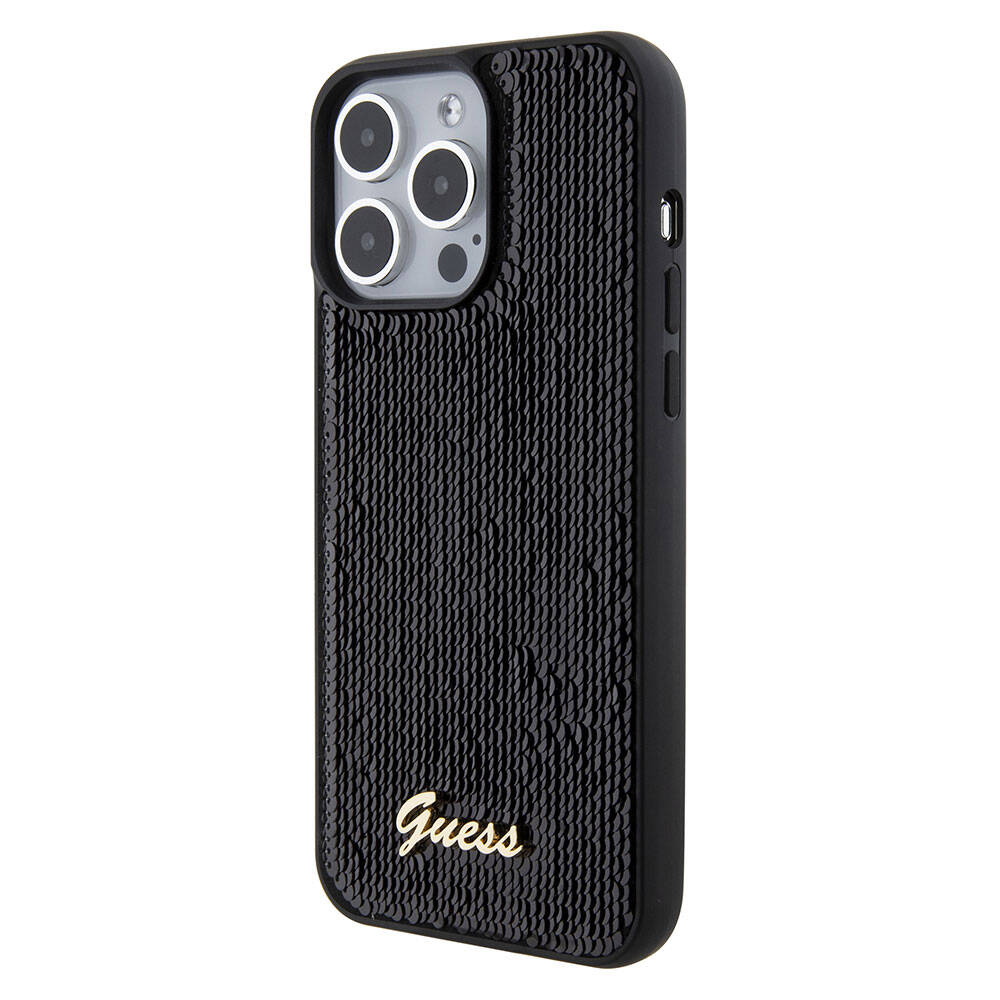 Apple iPhone 15 Pro Max Case Guess Original Licensed Sequin Back Surface Metal Lettering Logo Sequin Script Cover Silver