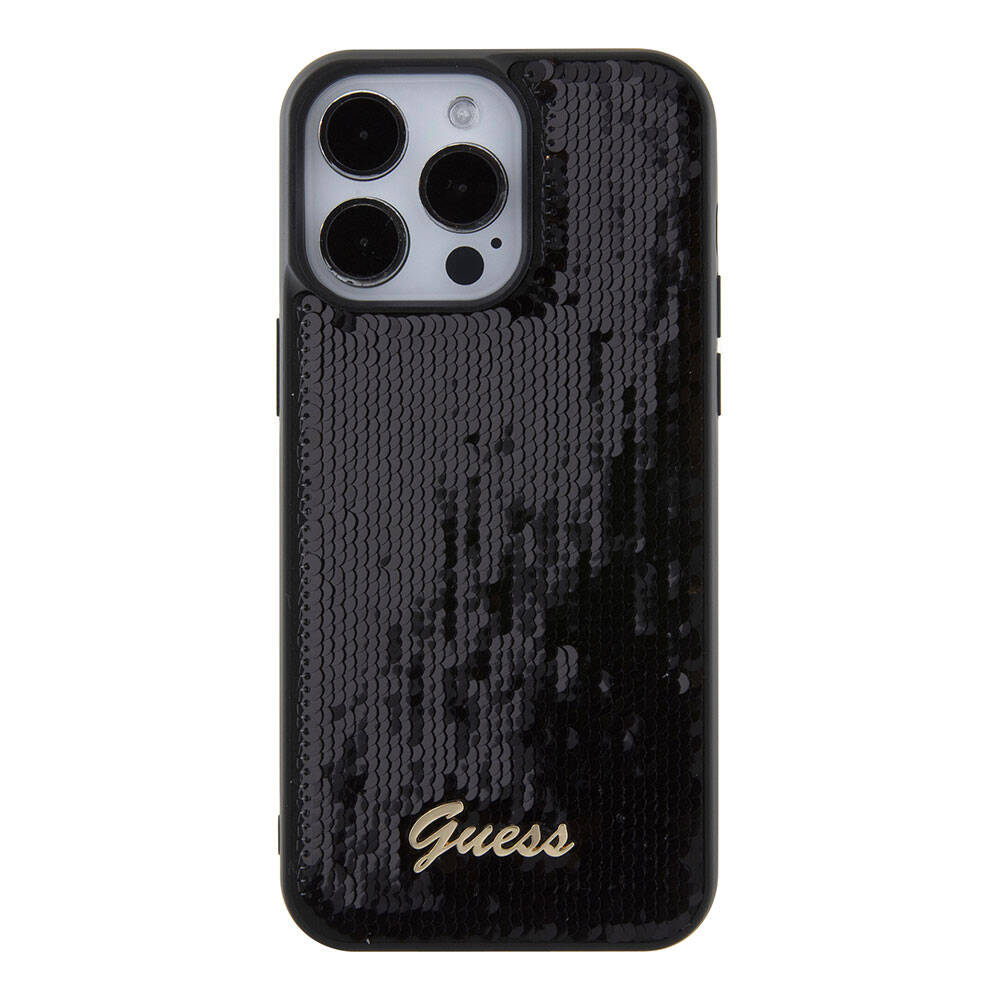 Apple iPhone 15 Pro Max Case Guess Original Licensed Sequin Back Surface Metal Lettering Logo Sequin Script Cover Silver
