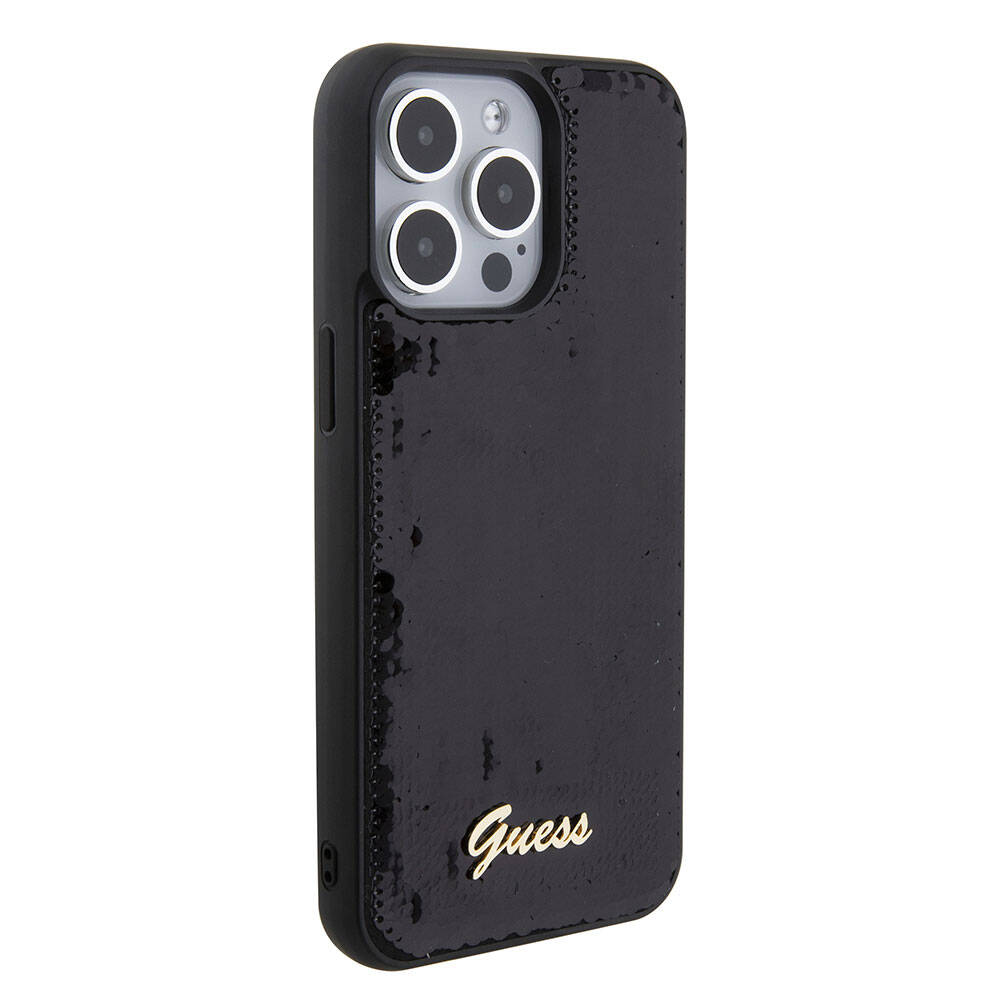 Apple iPhone 15 Pro Max Case Guess Original Licensed Sequin Back Surface Metal Lettering Logo Sequin Script Cover Silver