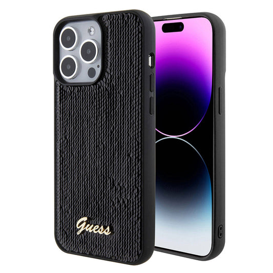 Apple iPhone 15 Pro Max Case Guess Original Licensed Sequin Back Surface Metal Lettering Logo Sequin Script Cover Black