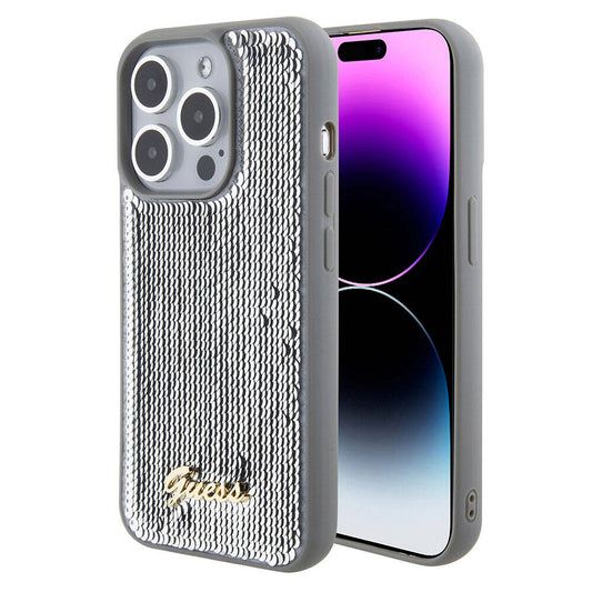 Apple iPhone 15 Pro Max Case Guess Original Licensed Sequin Back Surface Metal Lettering Logo Sequin Script Cover Silver