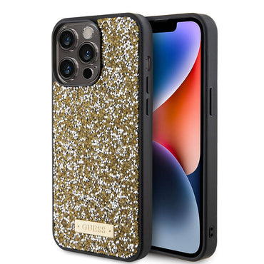 Apple iPhone 15 Pro Max Case Guess Original Licensed Stone Back Surface Metal Text Logo Cover Silver