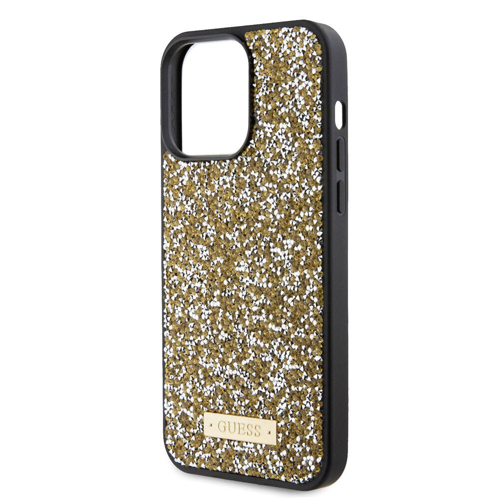 Apple iPhone 15 Pro Max Case Guess Original Licensed Stone Back Surface Metal Text Logo Cover Black