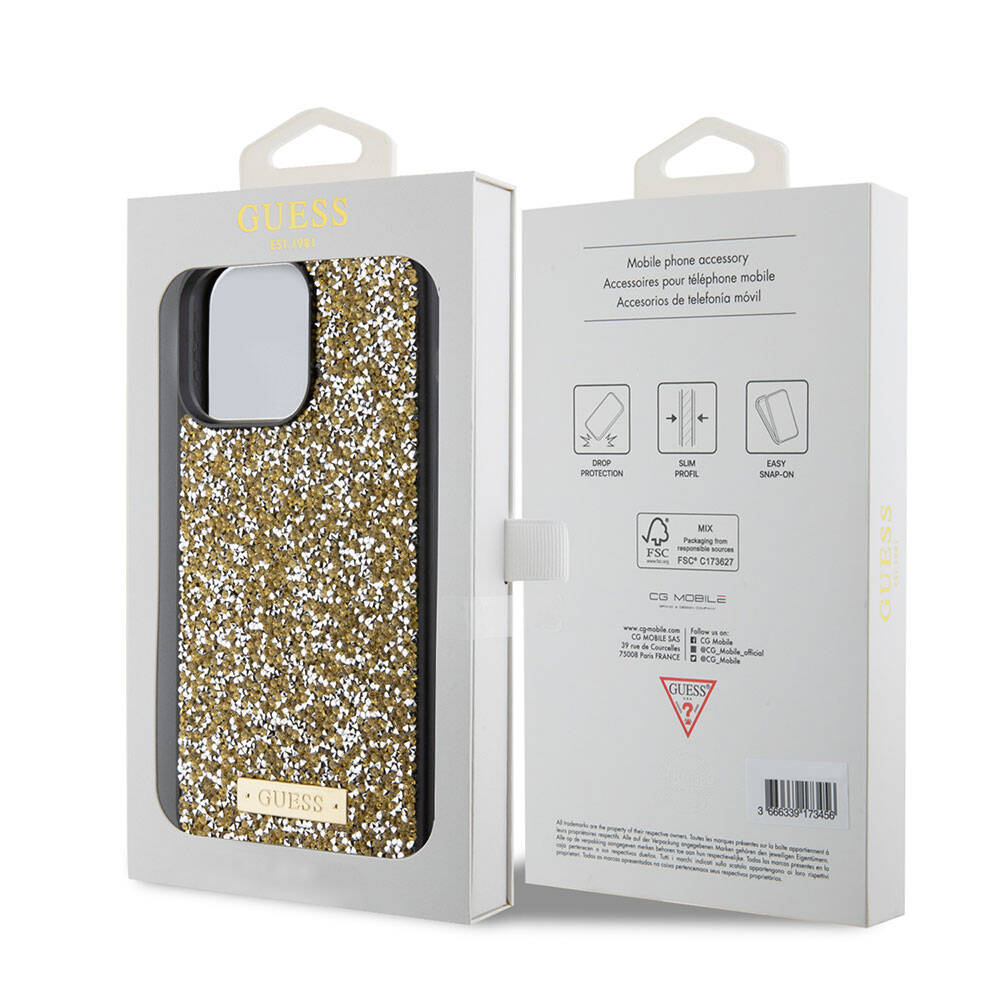 Apple iPhone 15 Pro Max Case Guess Original Licensed Stone Back Surface Metal Text Logo Cover Silver