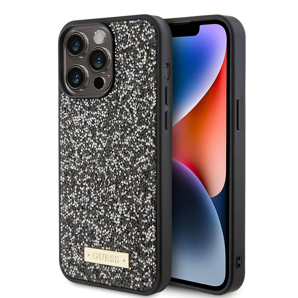Apple iPhone 15 Pro Max Case Guess Original Licensed Stone Back Surface Metal Text Logo Cover Black