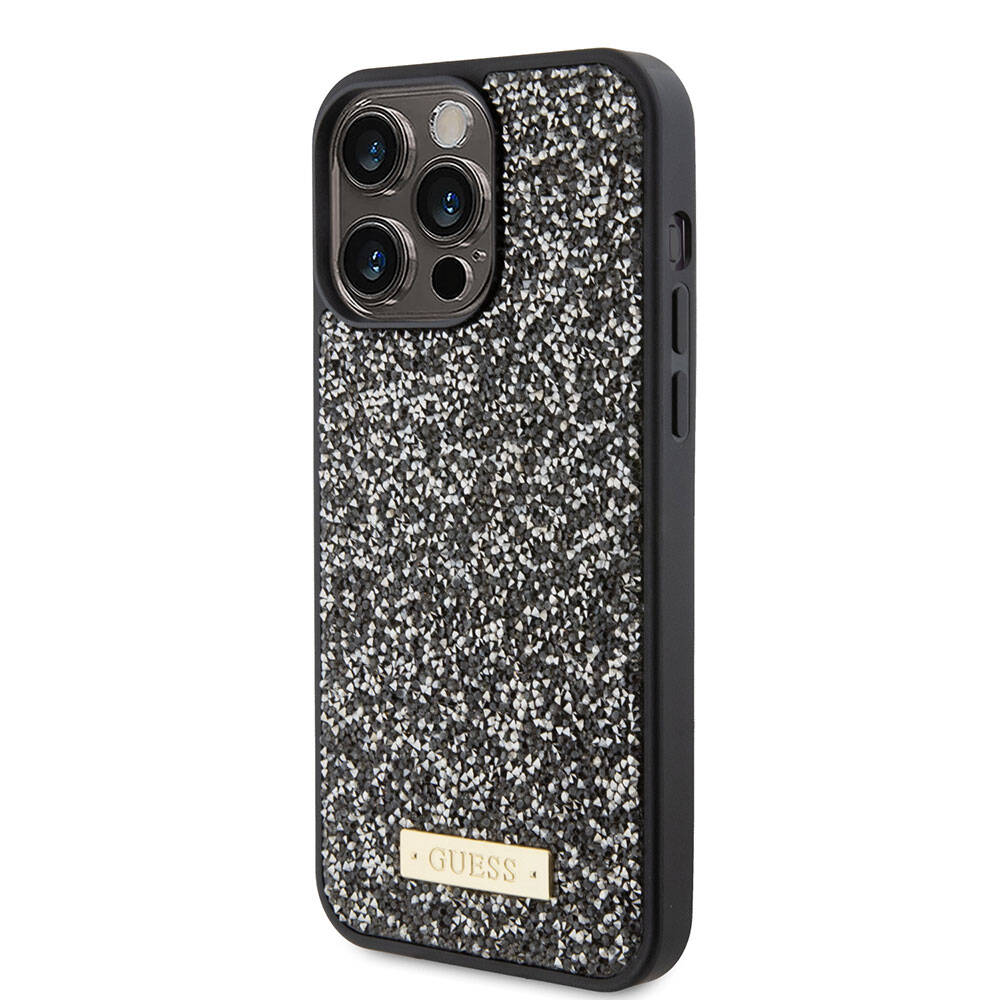 Apple iPhone 15 Pro Max Case Guess Original Licensed Stone Back Surface Metal Text Logo Cover Silver