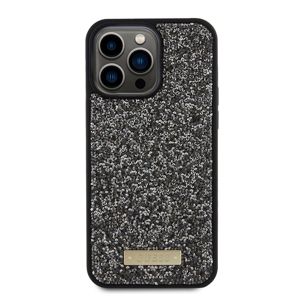 Apple iPhone 15 Pro Max Case Guess Original Licensed Stone Back Surface Metal Text Logo Cover Black