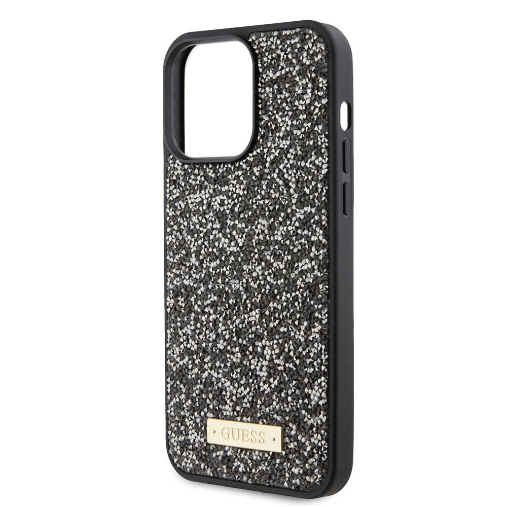 Apple iPhone 15 Pro Max Case Guess Original Licensed Stone Back Surface Metal Text Logo Cover Black