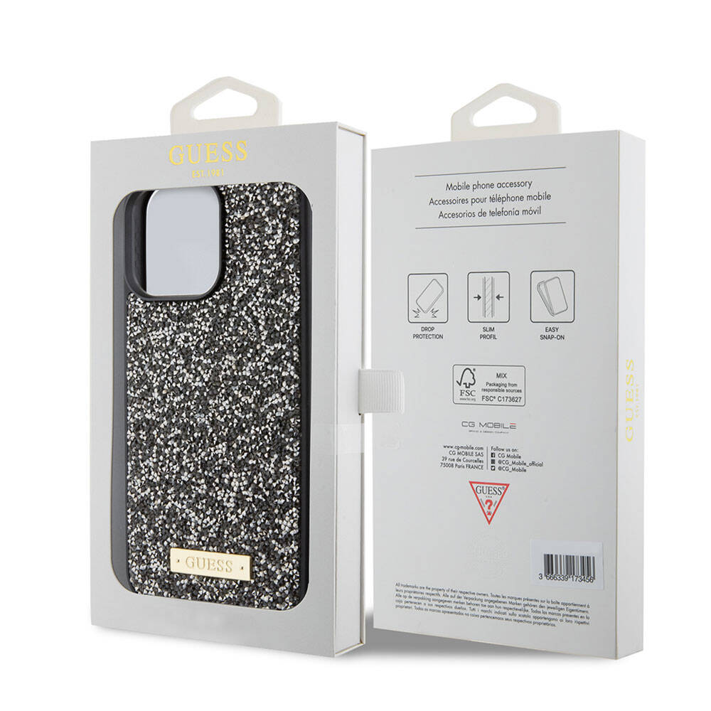 Apple iPhone 15 Pro Max Case Guess Original Licensed Stone Back Surface Metal Text Logo Cover Silver