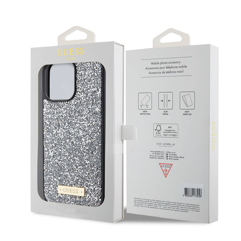 Apple iPhone 15 Pro Max Case Guess Original Licensed Stone Back Surface Metal Text Logo Cover Silver