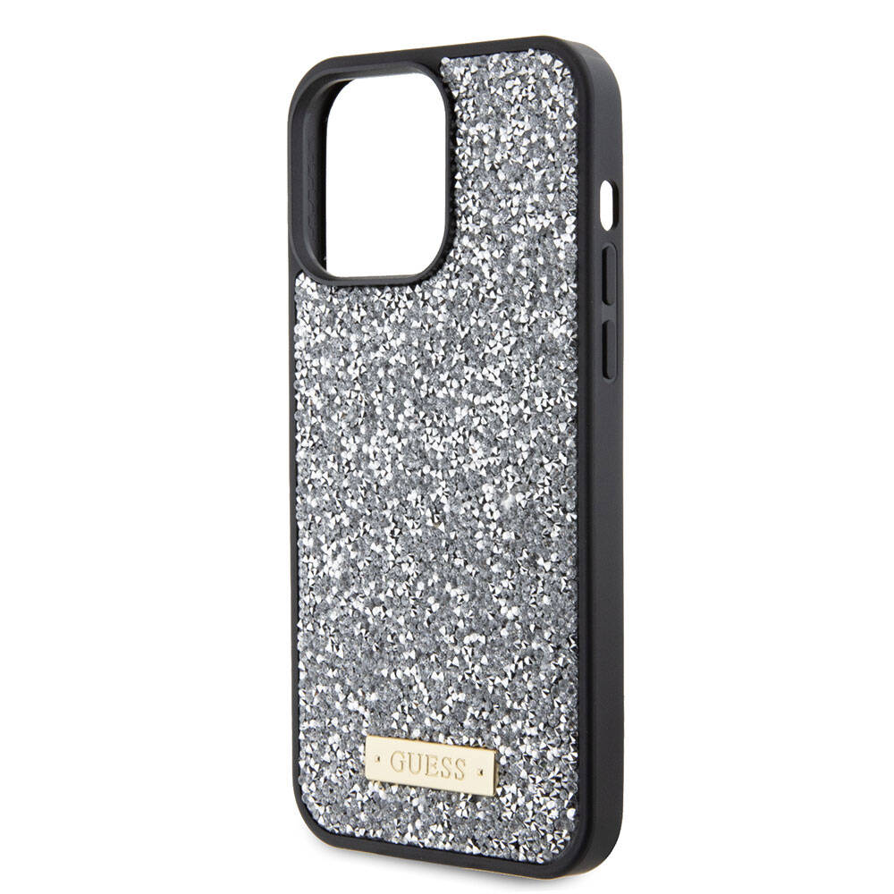 Apple iPhone 15 Pro Max Case Guess Original Licensed Stone Back Surface Metal Text Logo Cover Silver