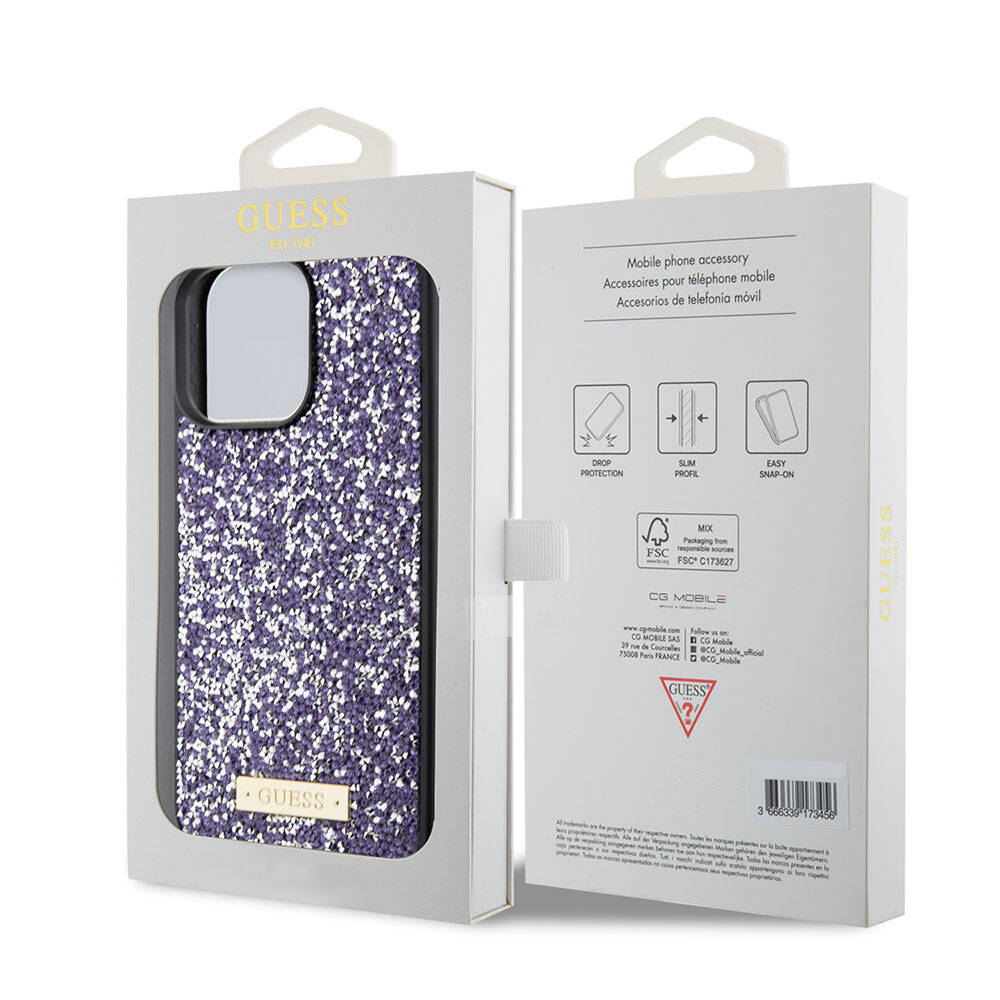 Apple iPhone 15 Pro Max Case Guess Original Licensed Stone Back Surface Metal Text Logo Cover Silver