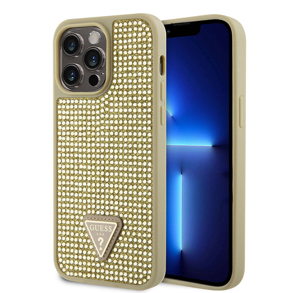 Apple iPhone 15 Pro Max Case Guess Original Licensed Stone Back Surface Triangle Logo Cover Silver
