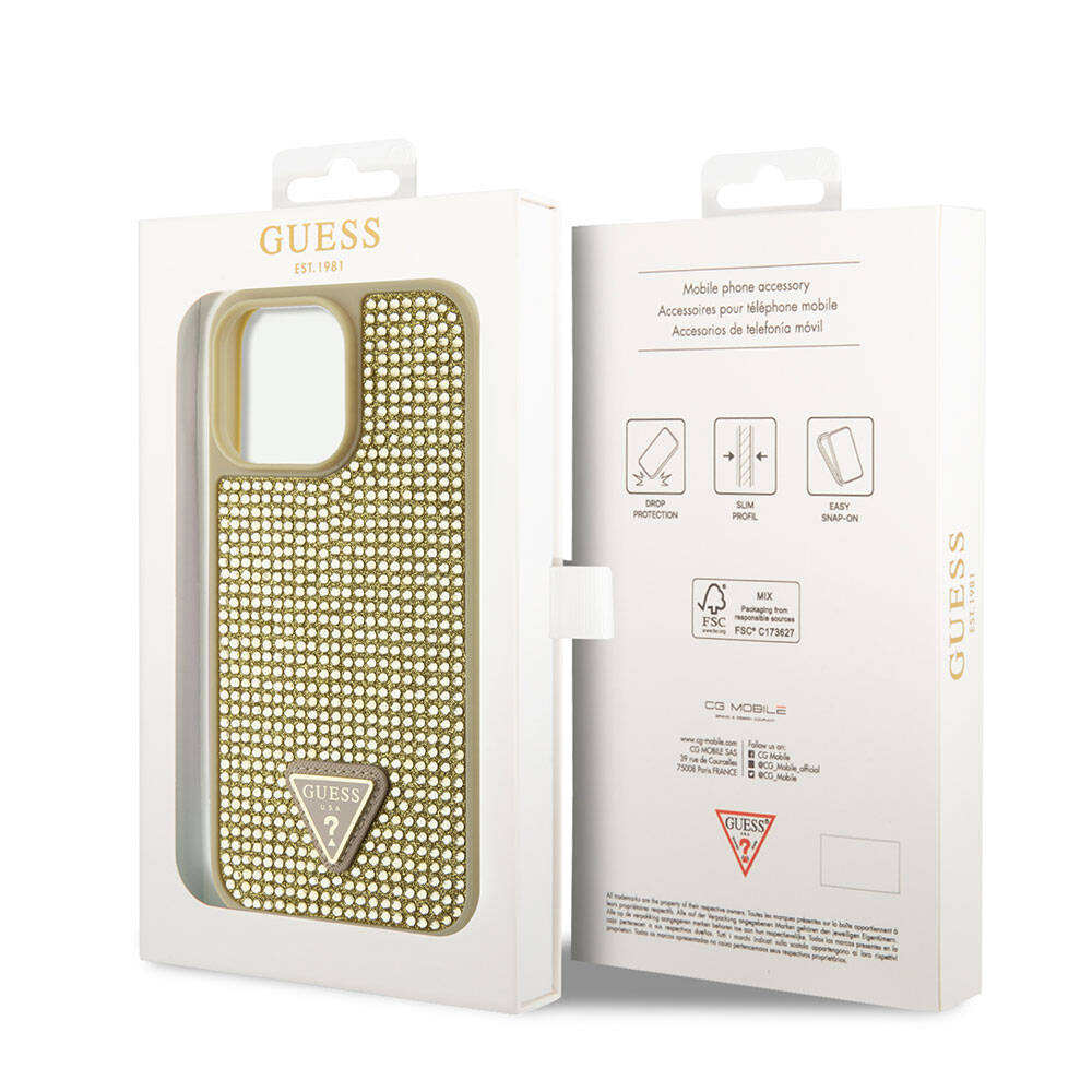 Apple iPhone 15 Pro Max Case Guess Original Licensed Stone Back Surface Triangle Logo Cover Silver