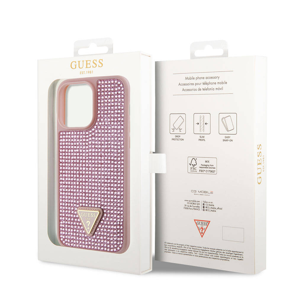 Apple iPhone 15 Pro Max Case Guess Original Licensed Stone Back Surface Triangle Logo Cover Pink