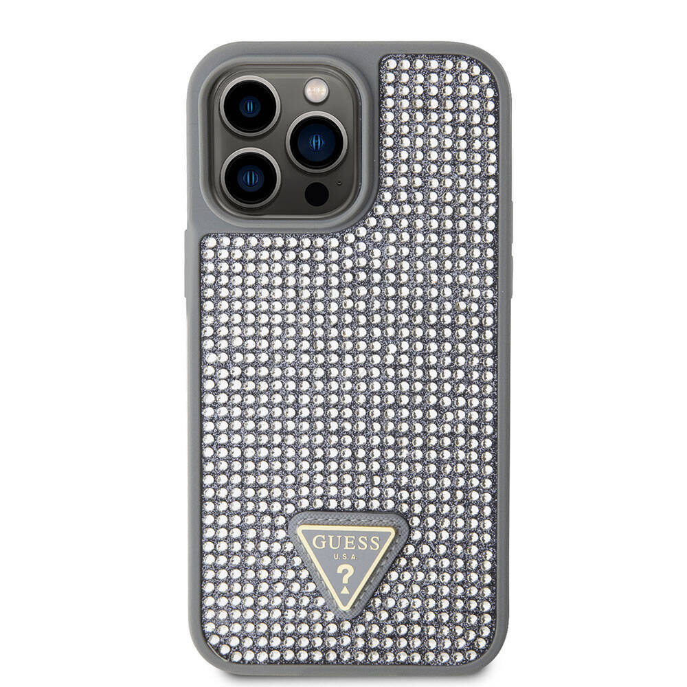 Apple iPhone 15 Pro Max Case Guess Original Licensed Stone Back Surface Triangle Logo Cover Pink