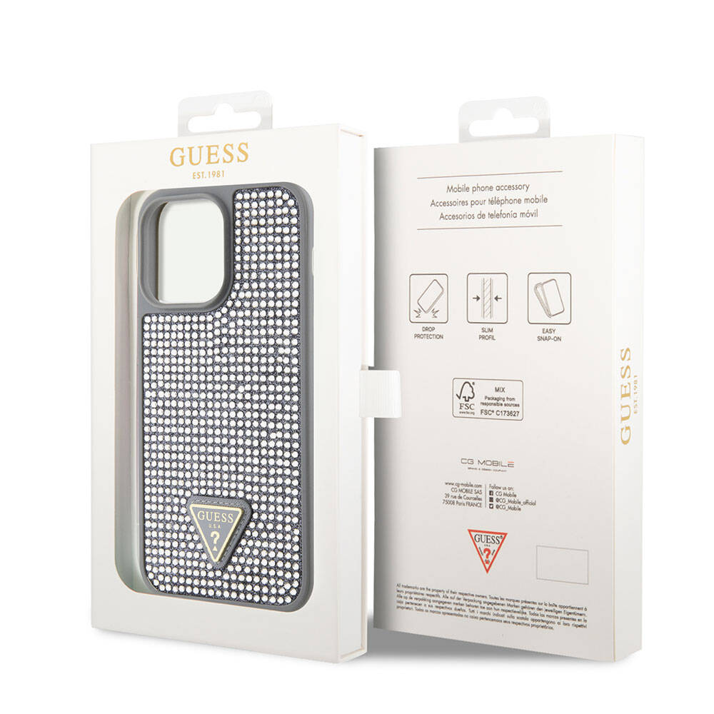 Apple iPhone 15 Pro Max Case Guess Original Licensed Stone Back Surface Triangle Logo Cover Silver