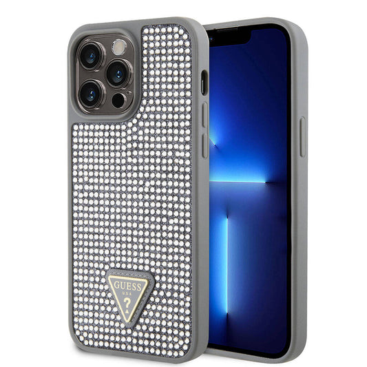 Apple iPhone 15 Pro Max Case Guess Original Licensed Stone Back Surface Triangle Logo Cover Silver