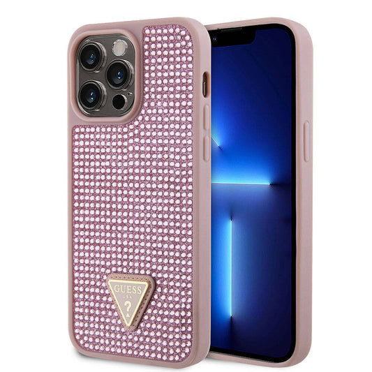 Apple iPhone 15 Pro Max Case Guess Original Licensed Stone Back Surface Triangle Logo Cover Pink