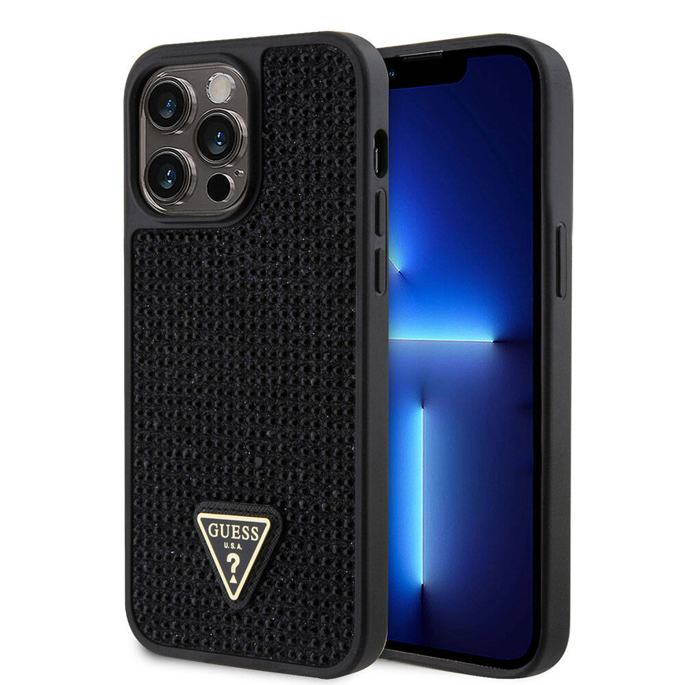 Apple iPhone 15 Pro Max Case Guess Original Licensed Stone Back Surface Triangle Logo Cover Black