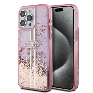 Apple iPhone 15 Pro Max Case Guess Original Licensed Transparent Liquid Glitter Gold Striped Cover Purple