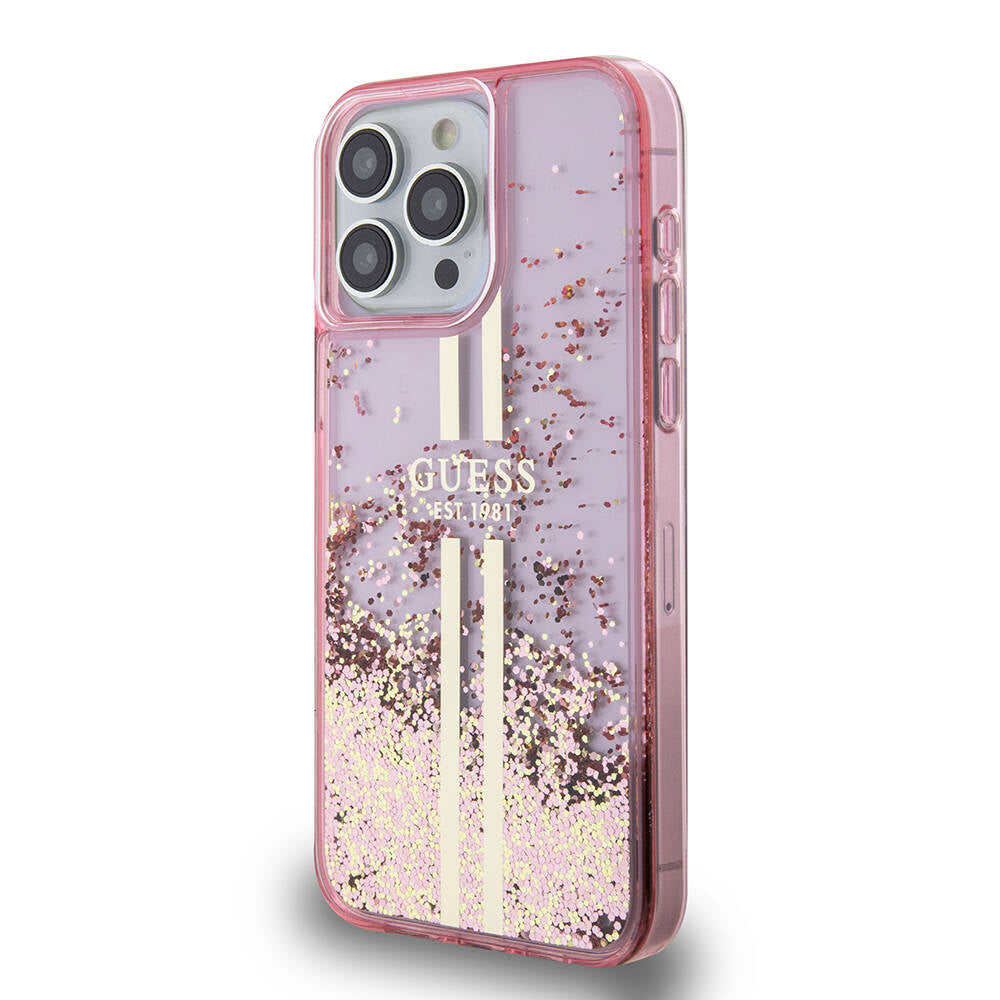 Apple iPhone 15 Pro Max Case Guess Original Licensed Transparent Liquid Glitter Gold Striped Cover Purple