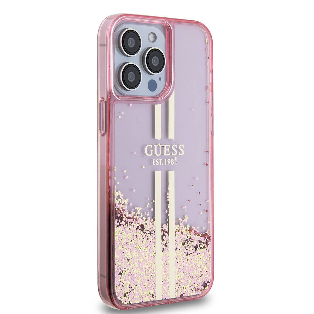 Apple iPhone 15 Pro Max Case Guess Original Licensed Transparent Liquid Glitter Gold Striped Cover Purple
