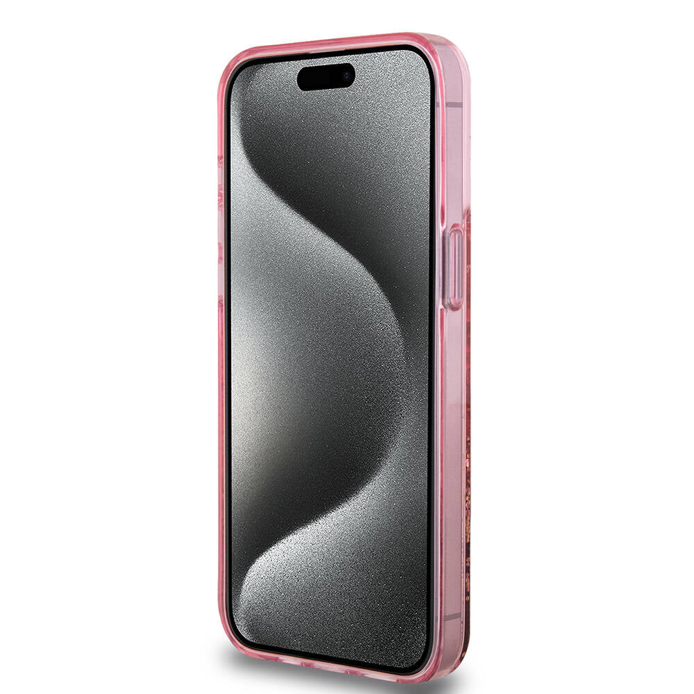 Apple iPhone 15 Pro Max Case Guess Original Licensed Transparent Liquid Glitter Gold Striped Cover Pink