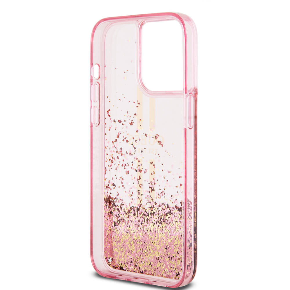 Apple iPhone 15 Pro Max Case Guess Original Licensed Transparent Liquid Glitter Gold Striped Cover Purple