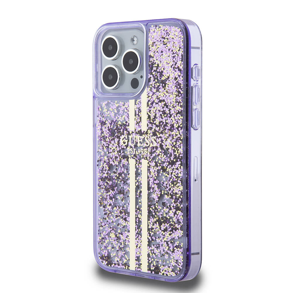 Apple iPhone 15 Pro Max Case Guess Original Licensed Transparent Liquid Glitter Gold Striped Cover Purple