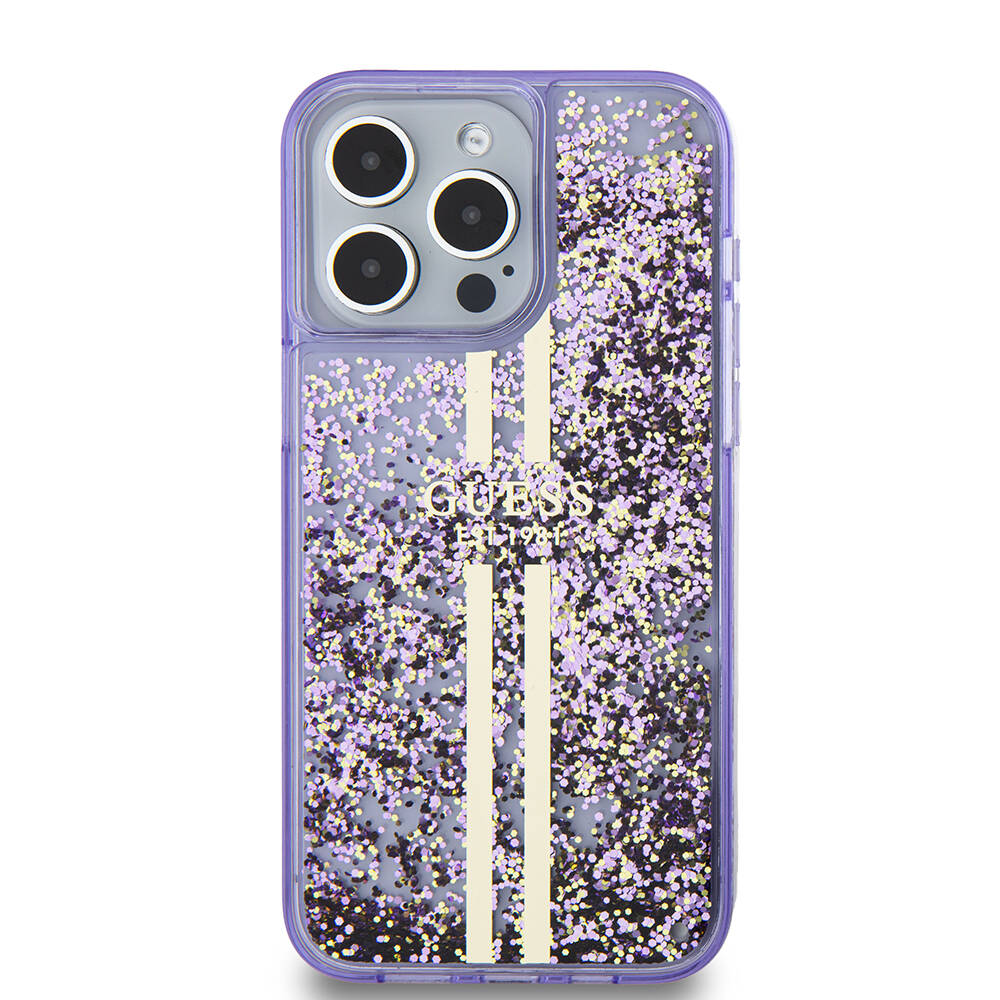 Apple iPhone 15 Pro Max Case Guess Original Licensed Transparent Liquid Glitter Gold Striped Cover Purple