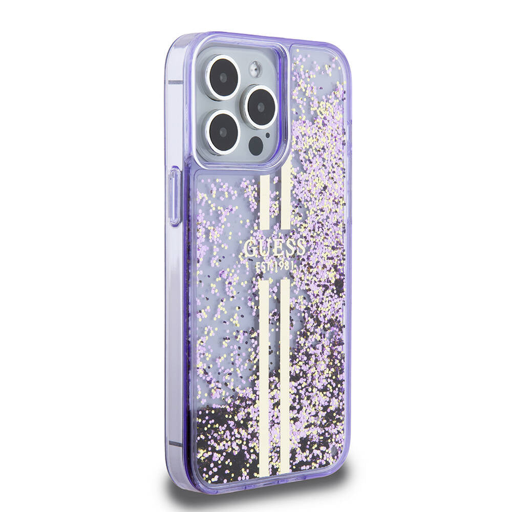 Apple iPhone 15 Pro Max Case Guess Original Licensed Transparent Liquid Glitter Gold Striped Cover Purple
