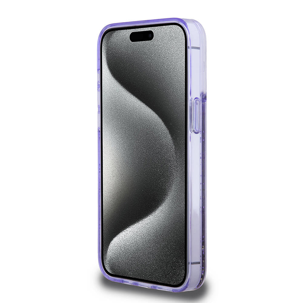 Apple iPhone 15 Pro Max Case Guess Original Licensed Transparent Liquid Glitter Gold Striped Cover Purple