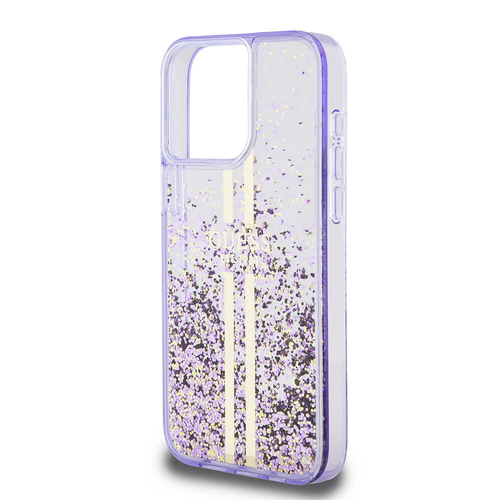 Apple iPhone 15 Pro Max Case Guess Original Licensed Transparent Liquid Glitter Gold Striped Cover Purple