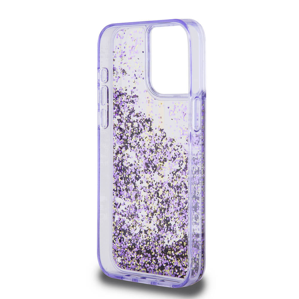 Apple iPhone 15 Pro Max Case Guess Original Licensed Transparent Liquid Glitter Gold Striped Cover Purple