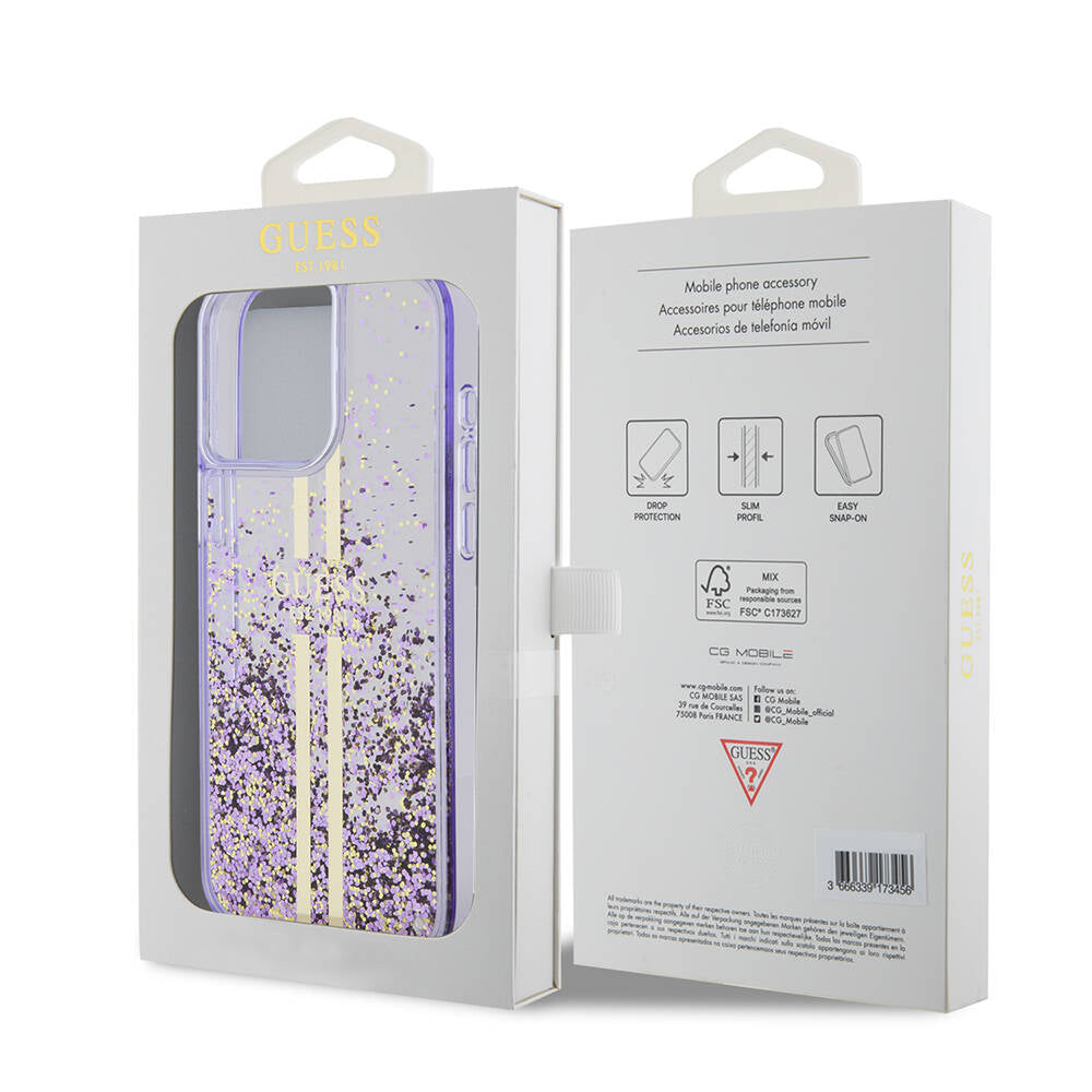 Apple iPhone 15 Pro Max Case Guess Original Licensed Transparent Liquid Glitter Gold Striped Cover Purple