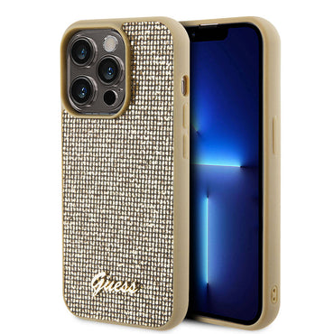 Apple iPhone 15 Pro Max Case Guess Original Licensed Disco Script Metal Cover Gold with Text Logo