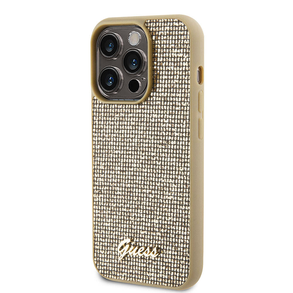 Apple iPhone 15 Pro Max Case Guess Original Licensed Disco Script Metal Cover Gold with Text Logo