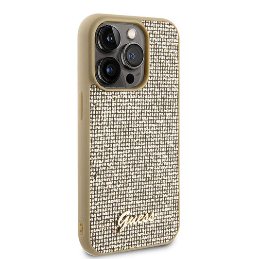 Apple iPhone 15 Pro Max Case Guess Original Licensed Disco Script Metal Cover Gold with Text Logo