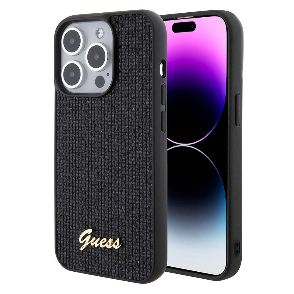 Apple iPhone 15 Pro Max Case Guess Original Licensed Disco Script Metal Cover Gold with Text Logo