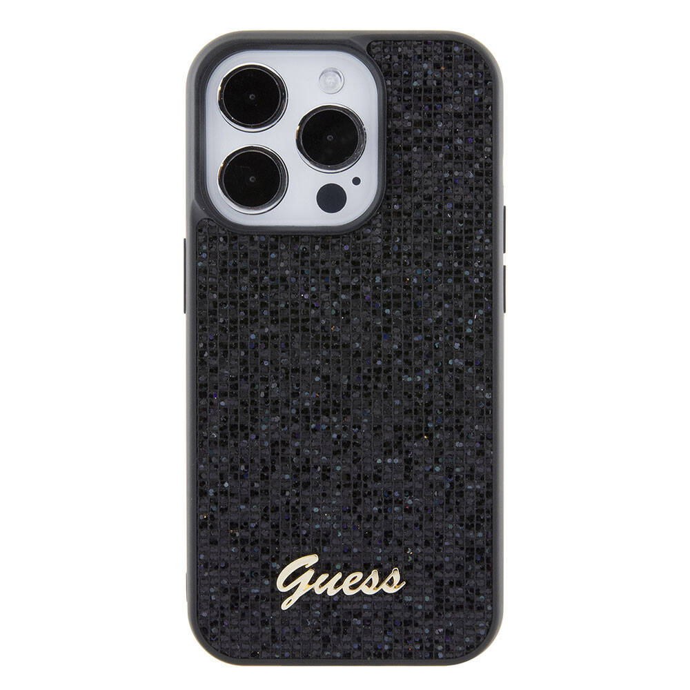 Apple iPhone 15 Pro Max Case Guess Original Licensed Disco Script Metal Cover Gold with Text Logo