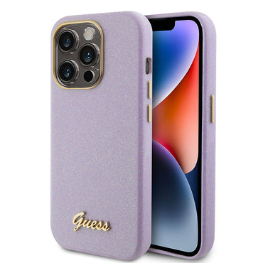 Apple iPhone 15 Pro Max Case Guess Original Licensed Glitter Glossy Script Cover Gray with Text Logo