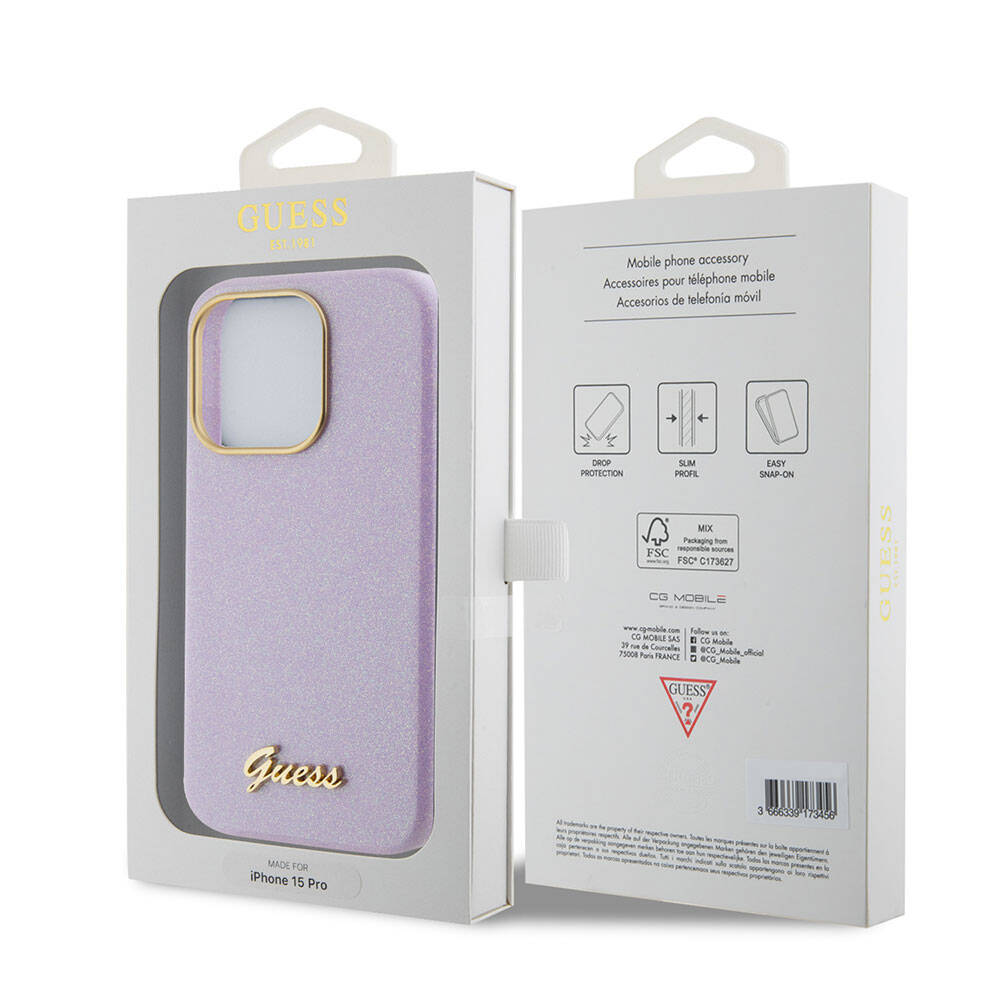 Apple iPhone 15 Pro Max Case Guess Original Licensed Glitter Glossy Script Cover Gray with Text Logo